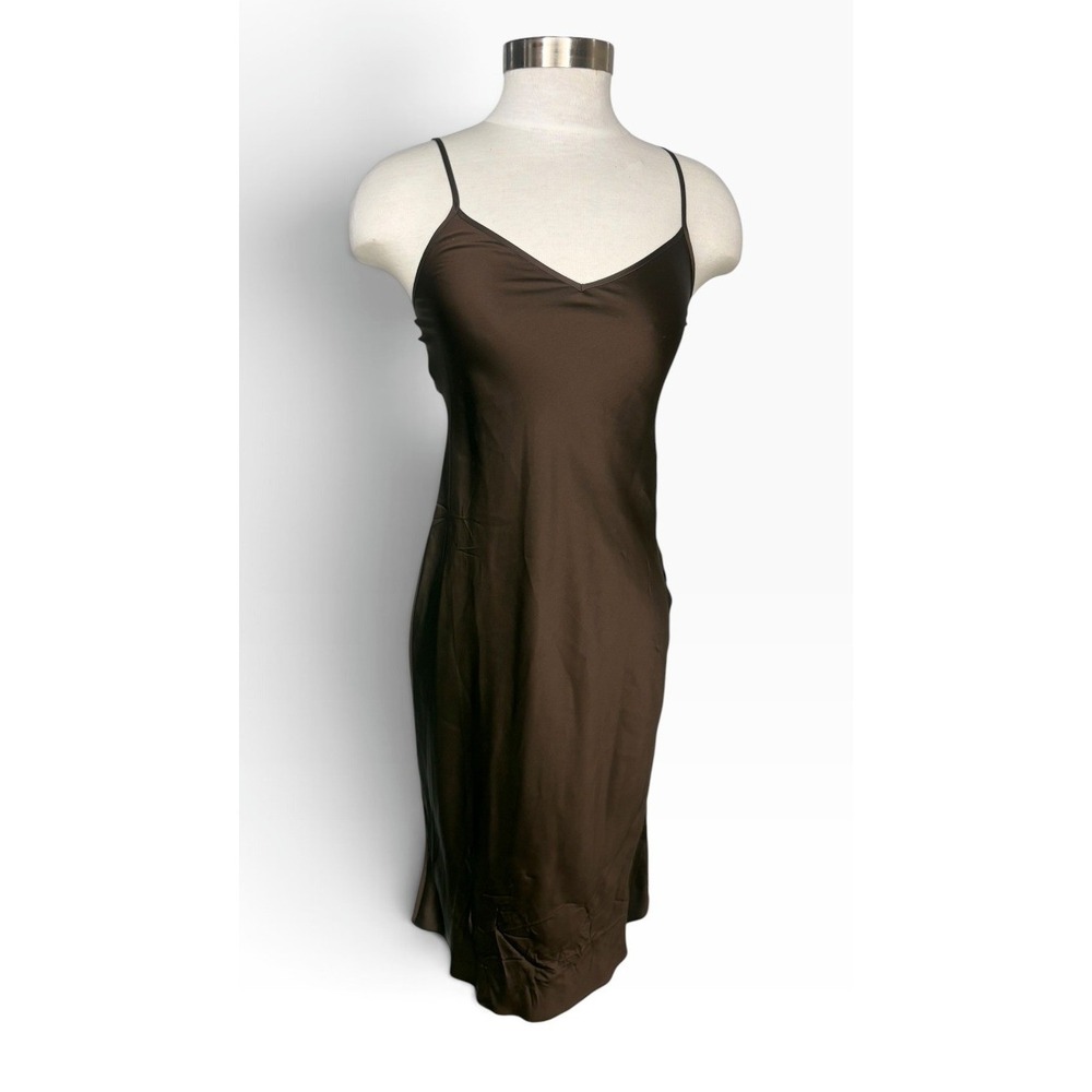 Quince Brown Silk Slip Dress Spaghetti Strap Midi Minimalist Cocktail V Neck Mod